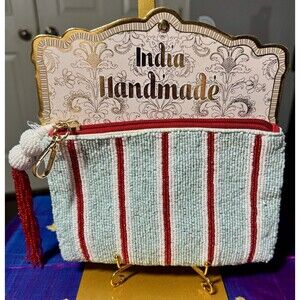 NWT India Handmade Beaded Stripe Mint Red Tassel Pouch